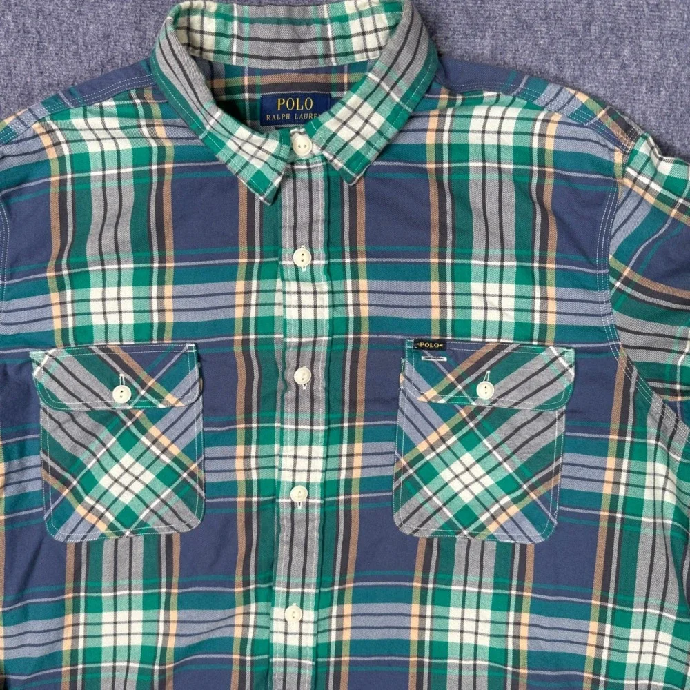 Polo Ralph Lauren Mens XXL Green Navy Blue Plaid Flannel Classic Fit Shirt
